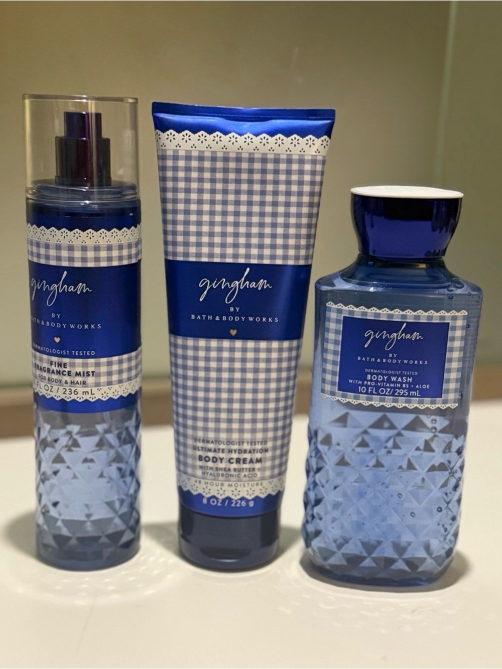 Bath & Body Works Gingham Blue Fragrance Mist, Body Cream & Body Wash Set